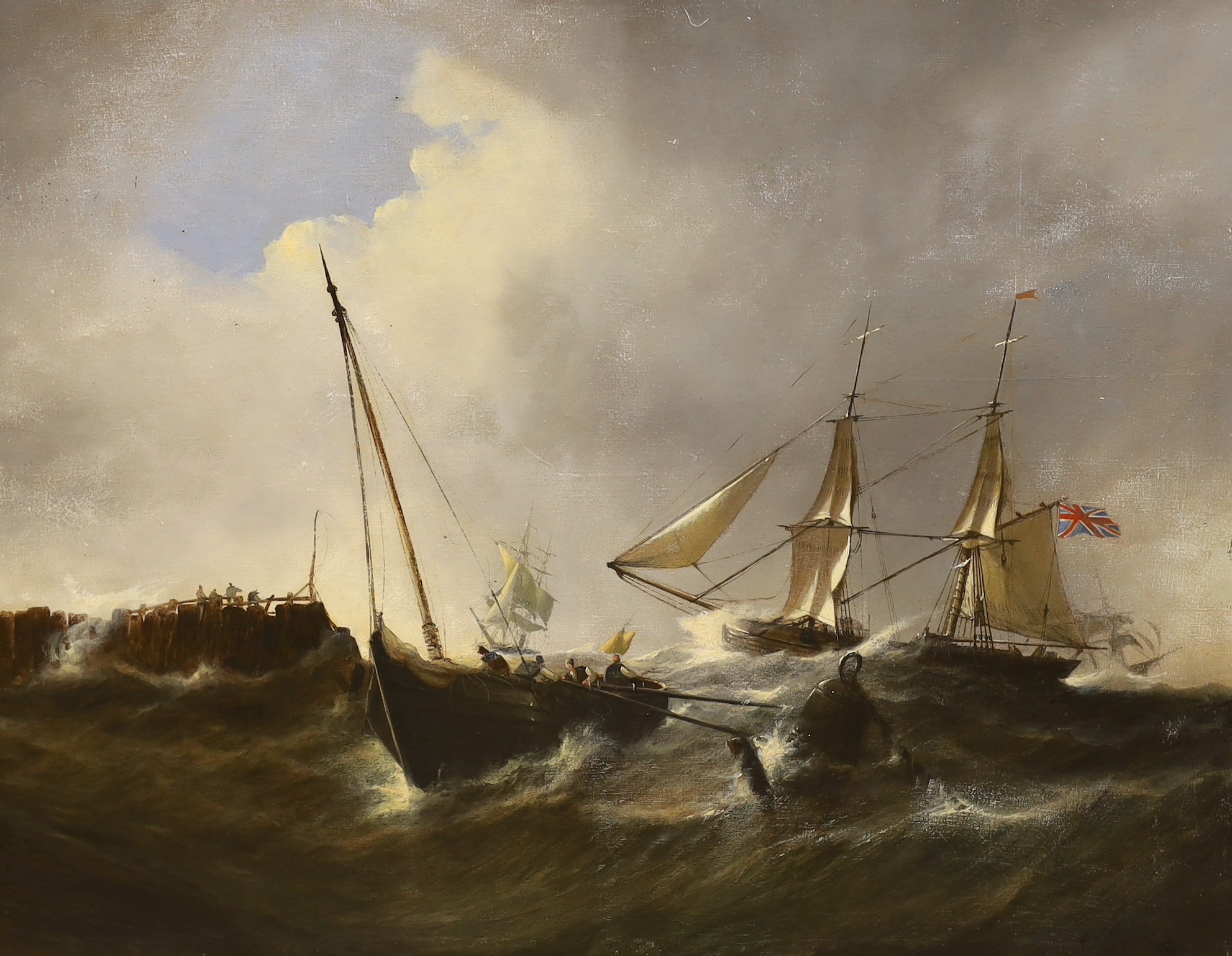 19th century English School, oil on canvas, Shipping off the coast in a rough sea, indistinctly signed, 65 x 82cm